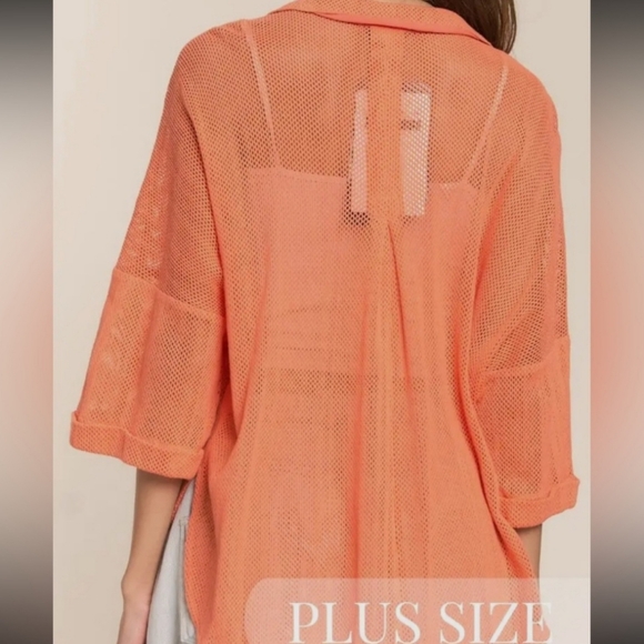 🏷️J.N.N.A. Coral Open Weave Mesh Button Front Blouse Short Sleeve Size 2X - Picture 3 of 11